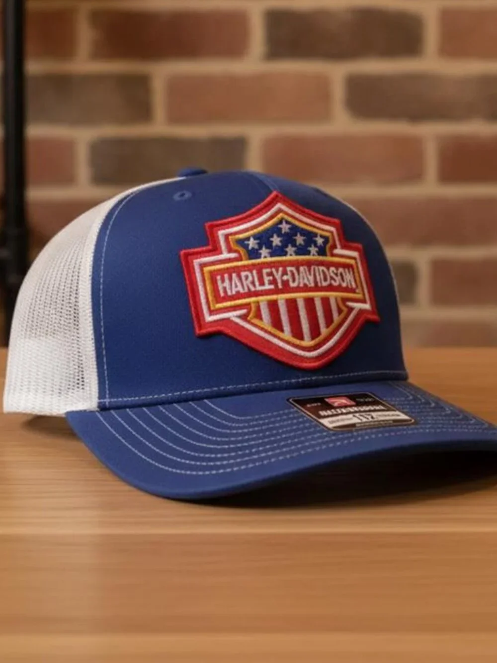 Retro Harley Davidson Patriotic Patch Trucker Hat Royal Blue Richardson 112 Bike